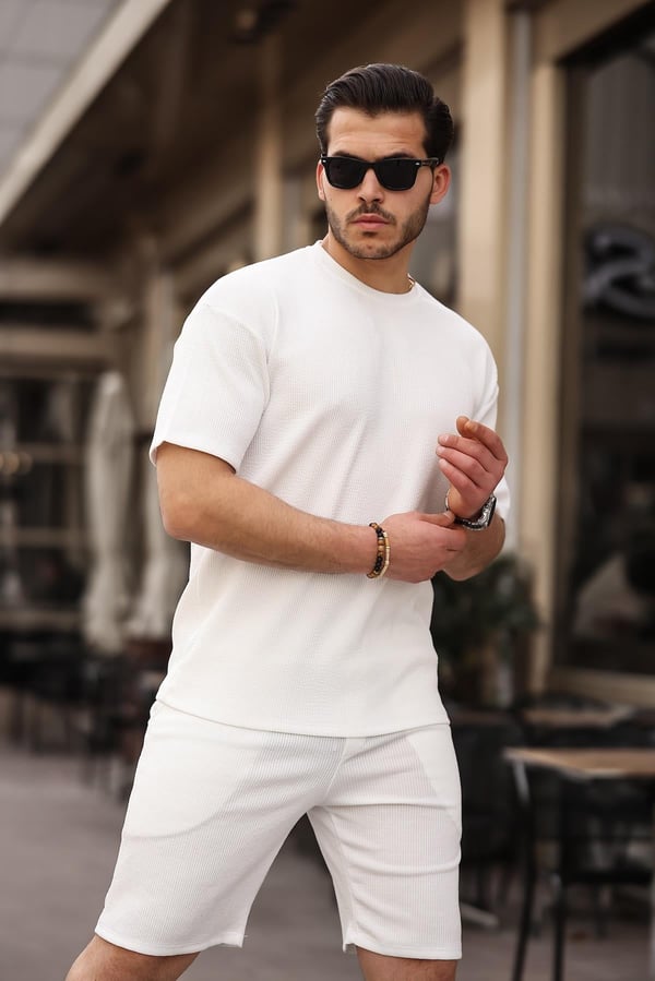 Fitilli Oversize T-Shirt Şort Takım - Beyaz