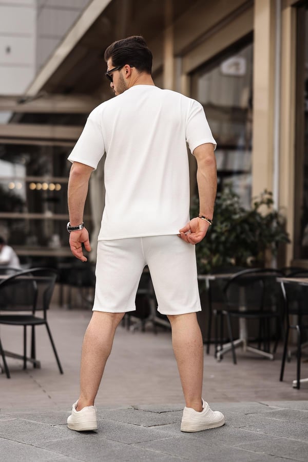 Fitilli Oversize T-Shirt Şort Takım - Beyaz