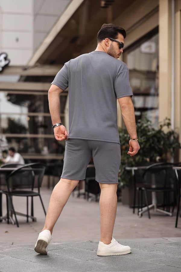 Fitilli Oversize T-Shirt Şort Takım - Füme