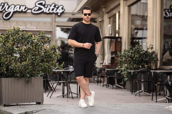 Fitilli Oversize T-Shirt Şort Takım - Siyah