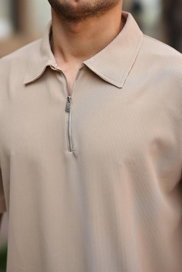 Fitilli Yarım Fermuar Oversize T-shirt - Bej