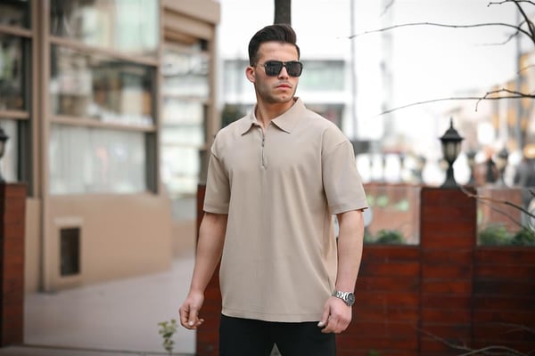 Fitilli Yarım Fermuar Oversize T-shirt - Bej