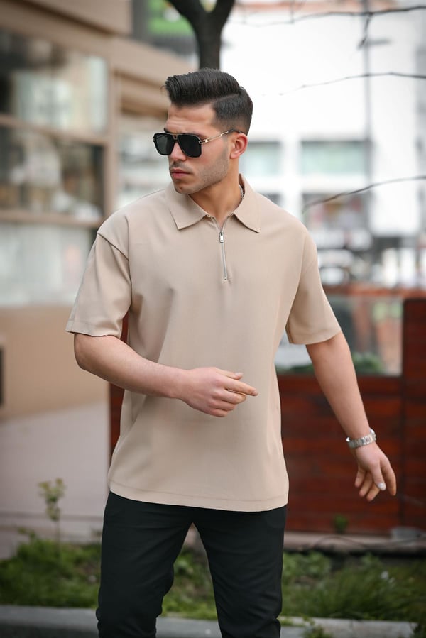 Fitilli Yarım Fermuar Oversize T-shirt - Bej