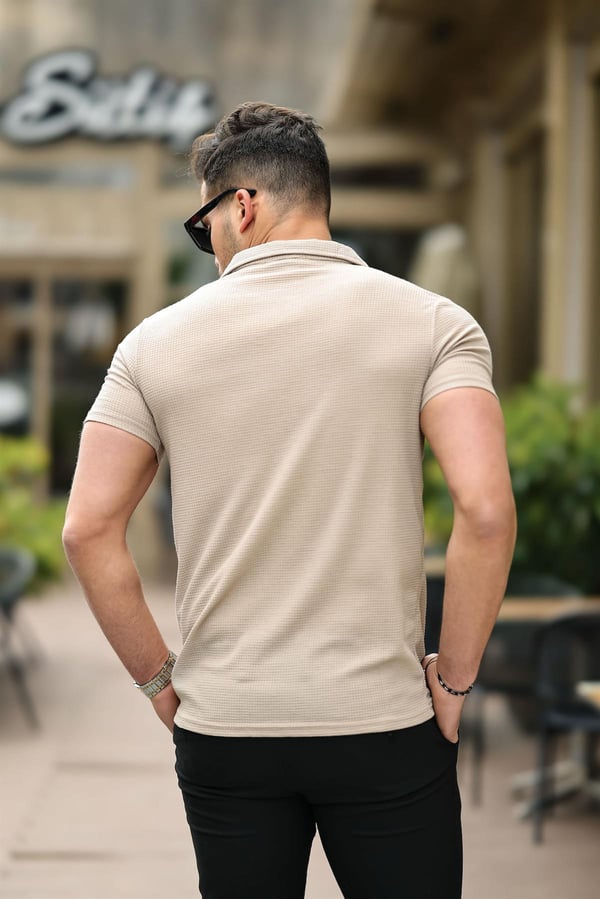Gofret Desen Kısa Kol Fit Gömlek - Bej