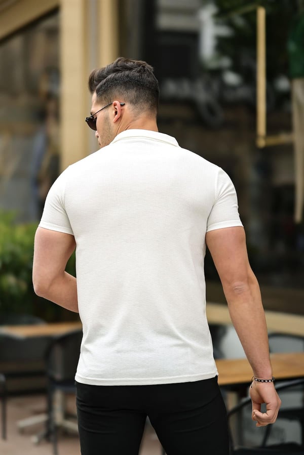 Gofret Desen Kısa Kol Fit Gömlek - Beyaz