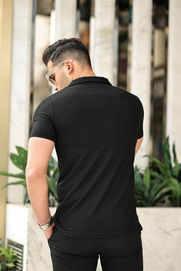 Gofret Desen Kısa Kol Fit Gömlek - Siyah