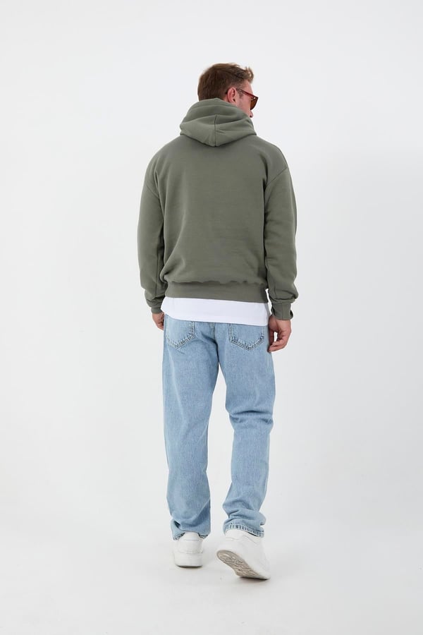Haki Erkek Oversize Kapüşonlu Kanguru Cepli Sweatshirt - Hoodie