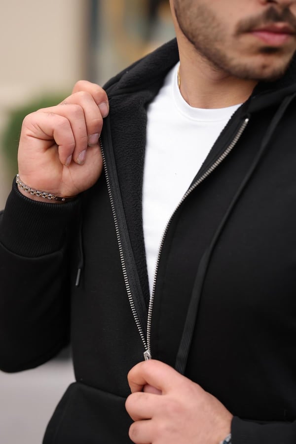 İçi Peluş Üç İp Kumaş Oversize Fermuarlı Kapüşonlu Sweatshirt- Siyah