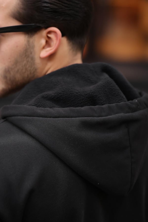 İçi Peluş Üç İp Kumaş Oversize Fermuarlı Kapüşonlu Sweatshirt- Siyah