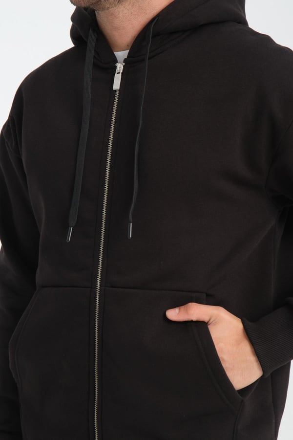 İçi Peluş Üç İp Kumaş Oversize Fermuarlı Kapüşonlu Sweatshirt- Siyah