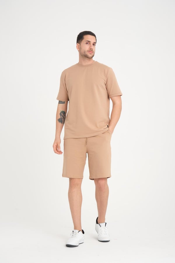İki İplik Pamuklu Duble Kol Yırtmaçlı T-Shirt Şort Takım - Tiramisu
