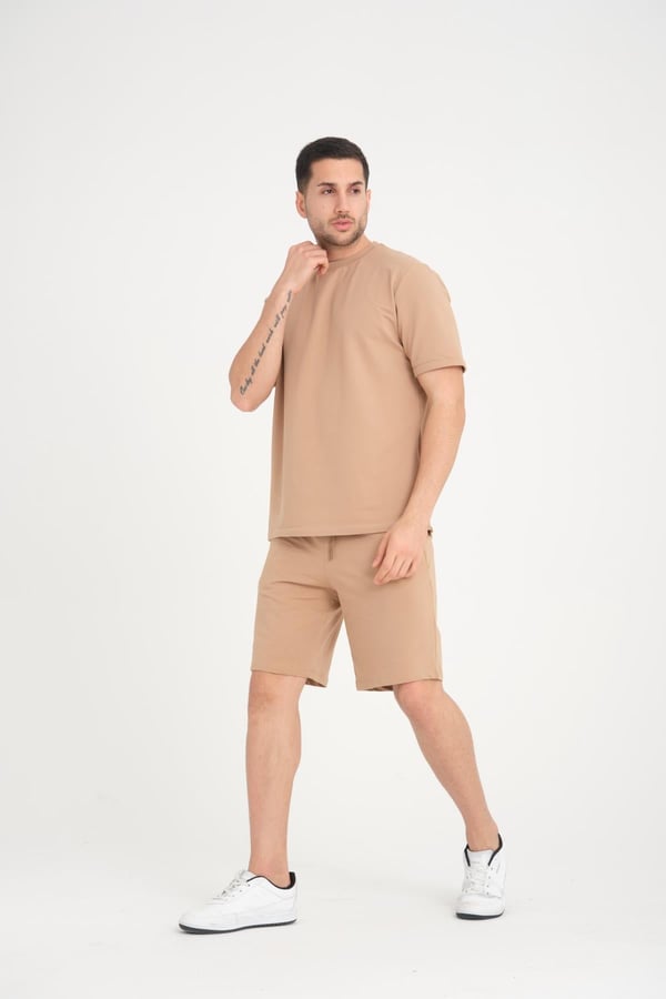 İki İplik Pamuklu Duble Kol Yırtmaçlı T-Shirt Şort Takım - Tiramisu