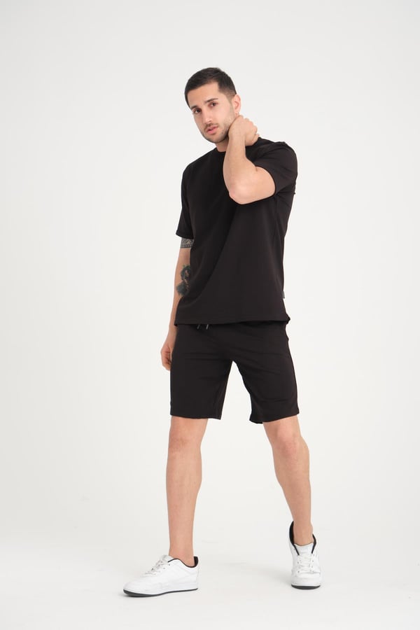 İki İplik Pamuklu Duble Kol Yırtmaçlı T-Shirt Şort Takım - Siyah