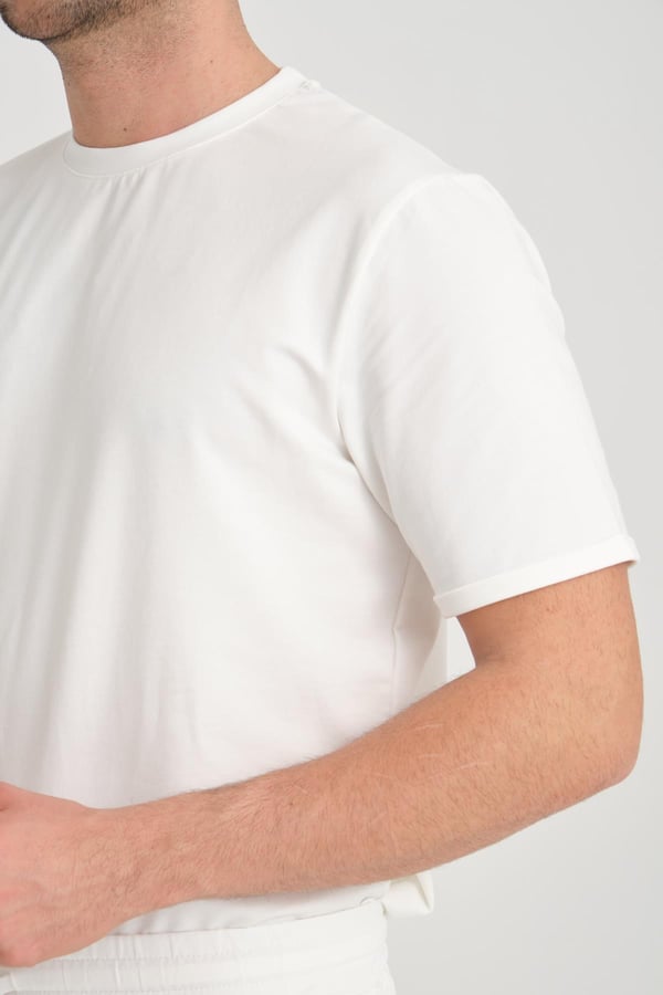 İki İplik Pamuklu Duble Kol Yırtmaçlı T-Shirt Şort Takım - Ekru