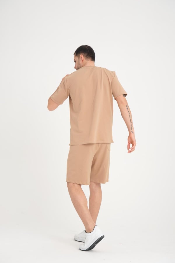 İki İplik Pamuklu Duble Kol Yırtmaçlı T-Shirt Şort Takım - Tiramisu
