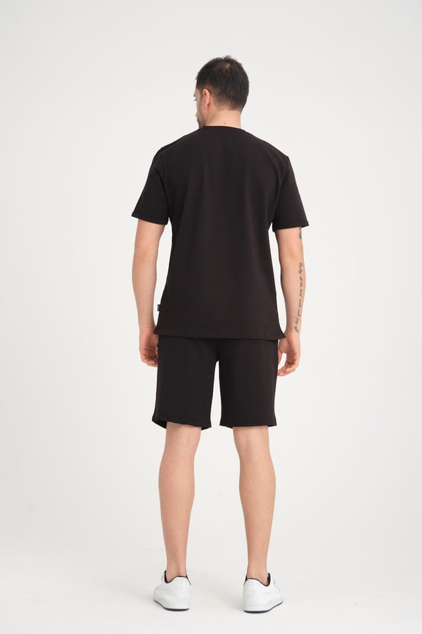 İki İplik Pamuklu Duble Kol Yırtmaçlı T-Shirt Şort Takım - Siyah