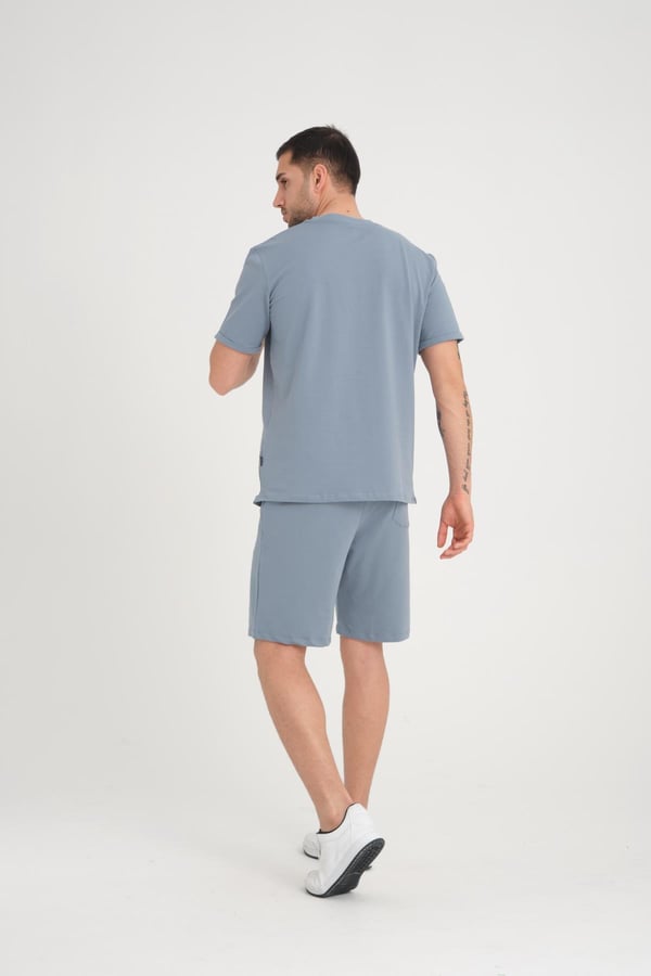 İki İplik Pamuklu Duble Kol Yırtmaçlı T-Shirt Şort Takım - Soğuk Mavi