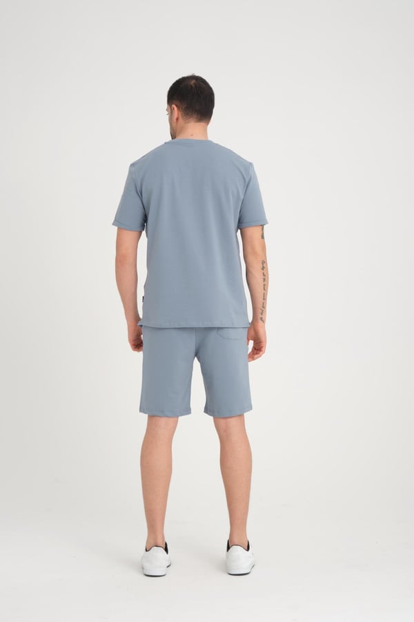 İki İplik Pamuklu Duble Kol Yırtmaçlı T-Shirt Şort Takım - Soğuk Mavi