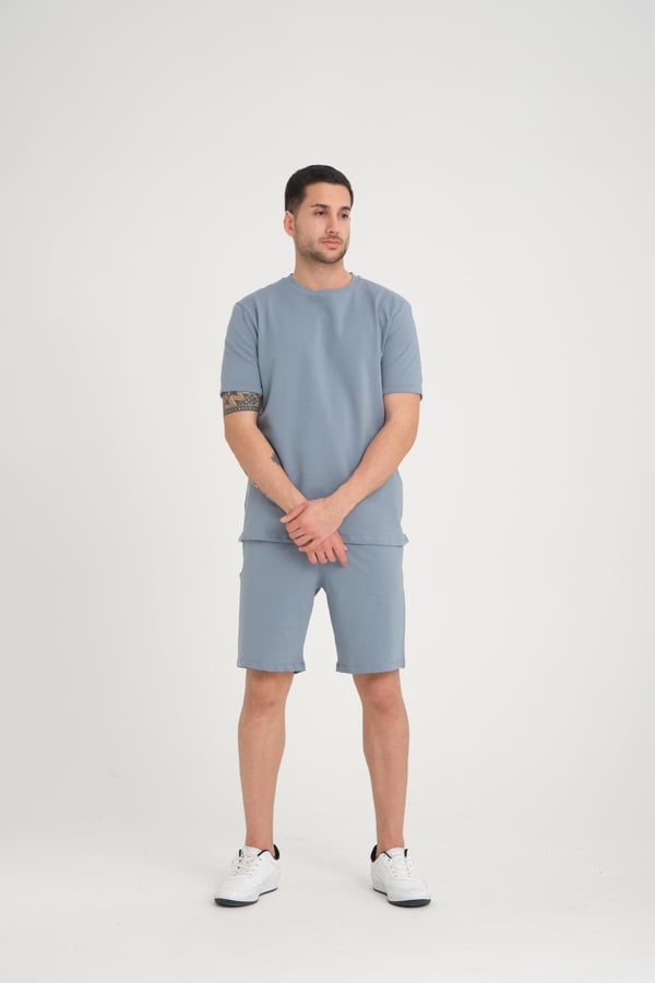 İki İplik Pamuklu Duble Kol Yırtmaçlı T-Shirt Şort Takım - Soğuk Mavi