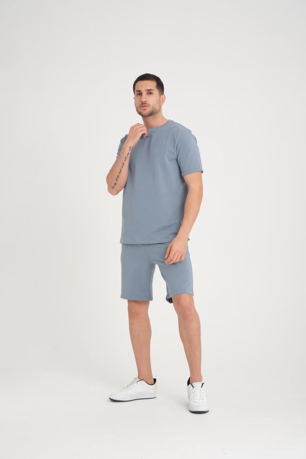 İki İplik Pamuklu Duble Kol Yırtmaçlı T-Shirt Şort Takım - Soğuk Mavi