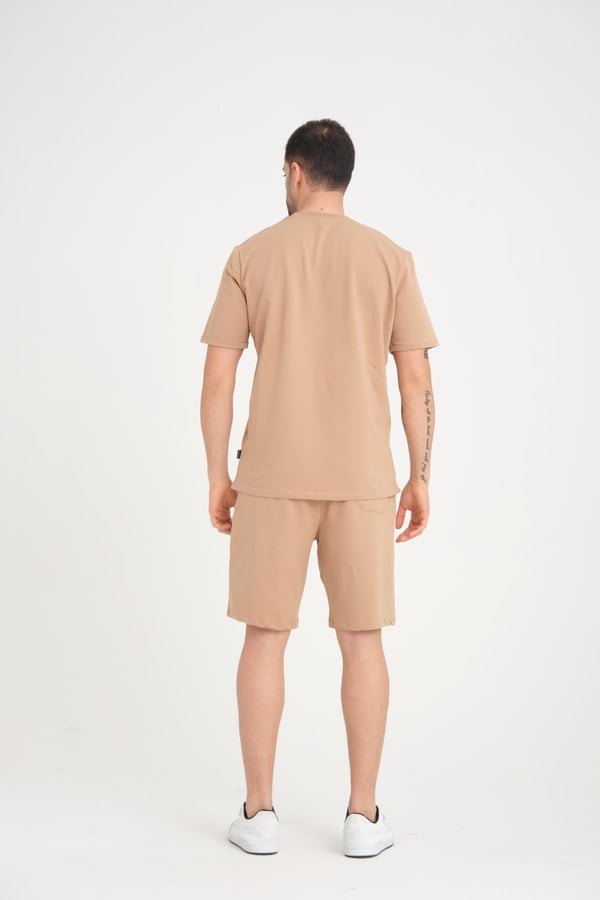İki İplik Pamuklu Duble Kol Yırtmaçlı T-Shirt Şort Takım - Tiramisu