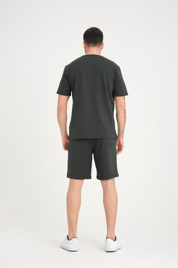 İki İplik Pamuklu Duble Kol Yırtmaçlı T-Shirt Şort Takım - Çam Yeşili