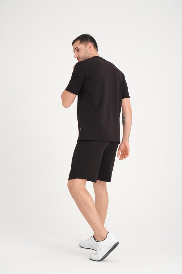 İki İplik Pamuklu Duble Kol Yırtmaçlı T-Shirt Şort Takım - Siyah