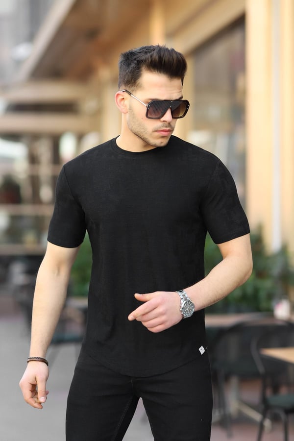 Jakarlı Desenli Bisiklet Yaka T-shirt - Siyah