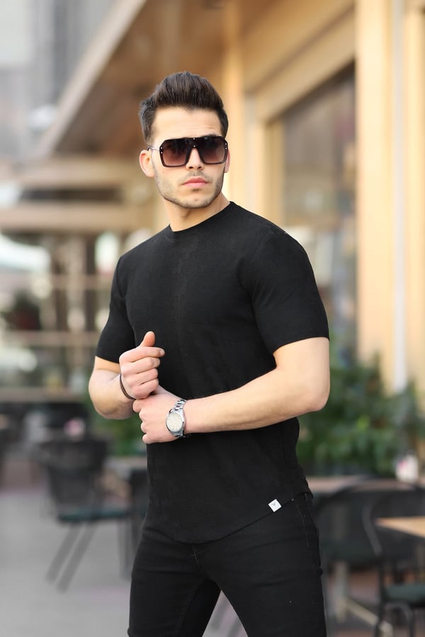 Jakarlı Desenli Bisiklet Yaka T-shirt - Siyah