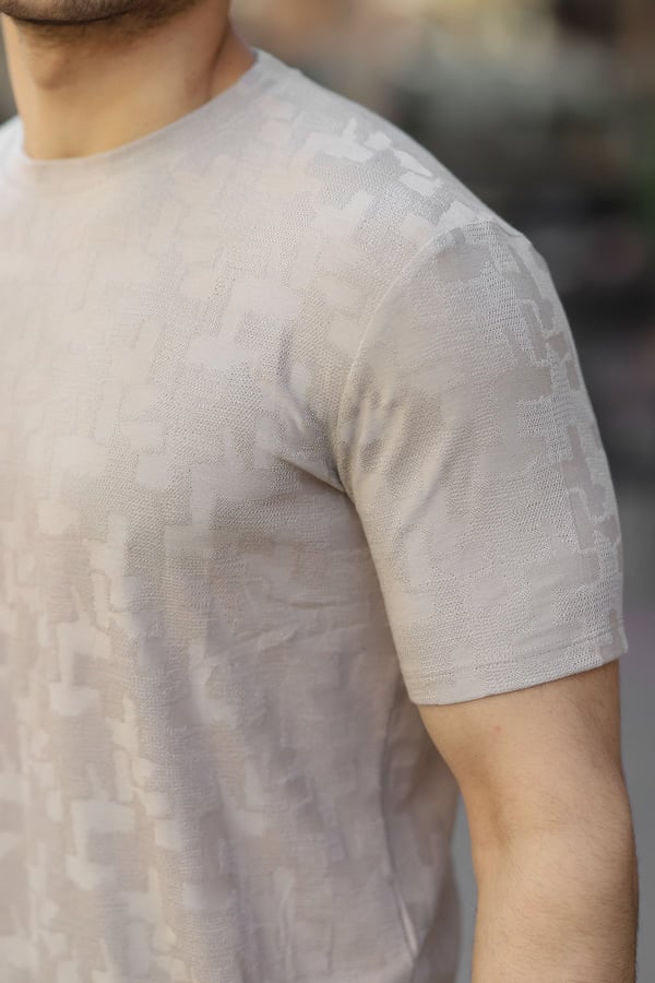 Jakarlı Desenli Bisiklet Yaka T-shirt - Bej