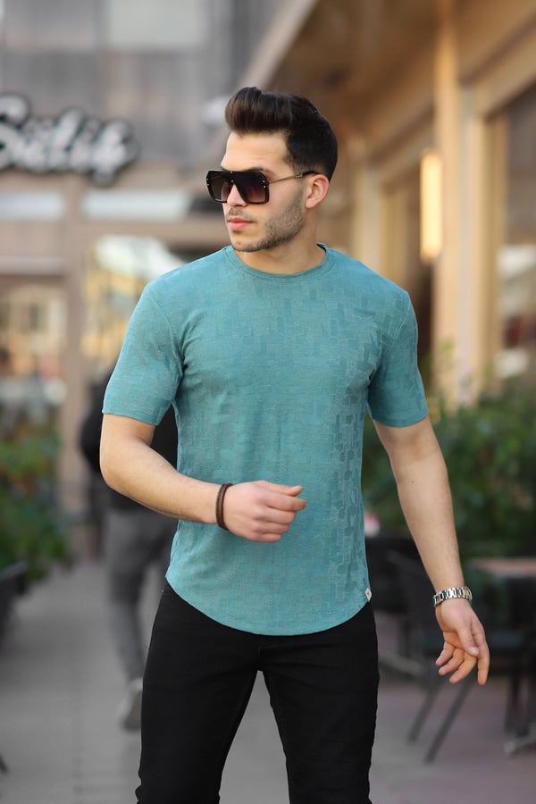 Jakarlı Desenli Bisiklet Yaka T-shirt - Petrol