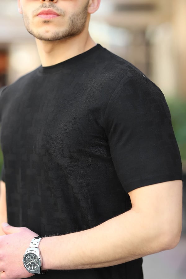 Jakarlı Desenli Bisiklet Yaka T-shirt - Siyah