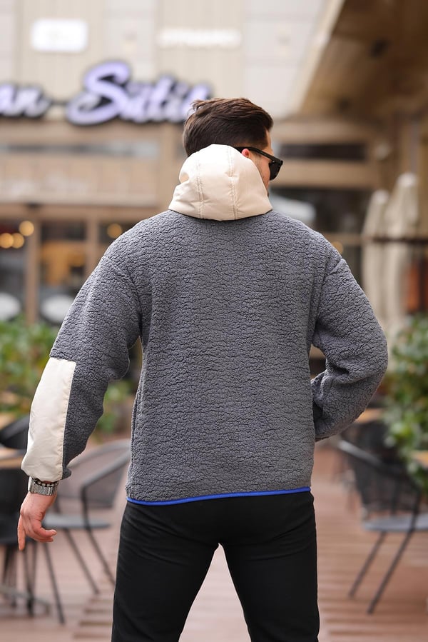 Kapüşonlu Kanguru Cepli Yarım Fermuar Peluş Sweatshirt - Füme