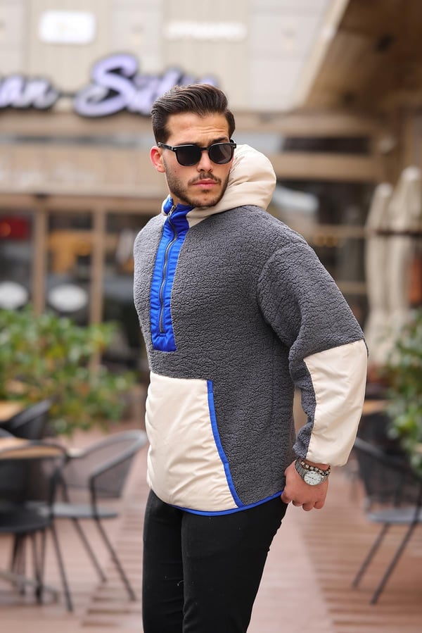 Kapüşonlu Kanguru Cepli Yarım Fermuar Peluş Sweatshirt - Füme