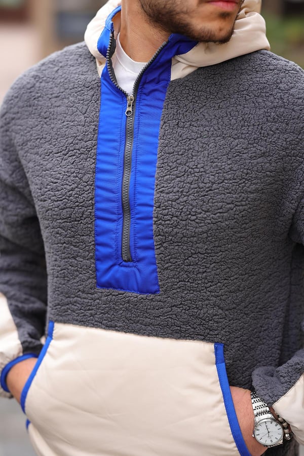 Kapüşonlu Kanguru Cepli Yarım Fermuar Peluş Sweatshirt - Füme