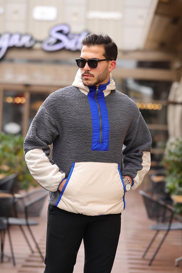 Kapüşonlu Kanguru Cepli Yarım Fermuar Peluş Sweatshirt - Füme