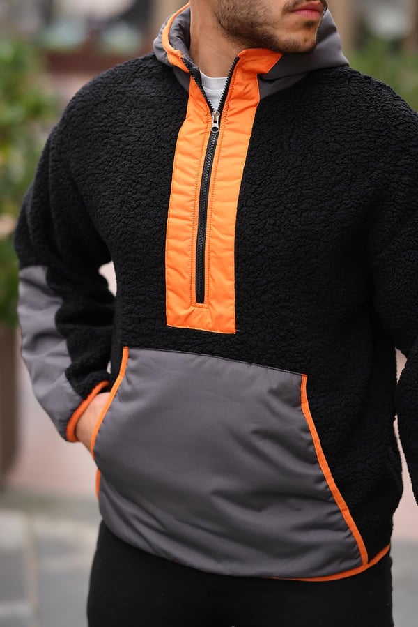 Kapüşonlu Kanguru Cepli Yarım Fermuar Peluş Sweatshirt - Siyah