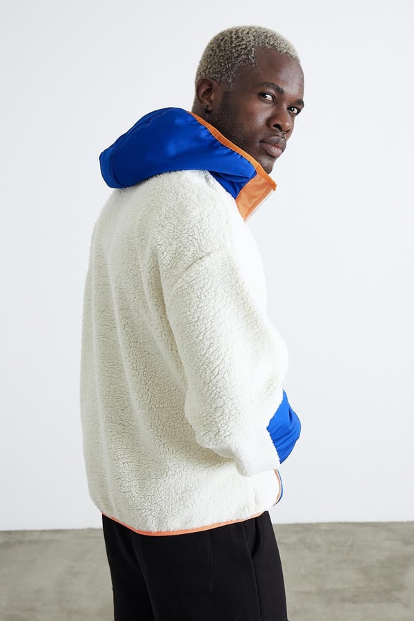Kapüşonlu Kanguru Cepli Yarım Fermuar Peluş Sweatshirt - Mavi