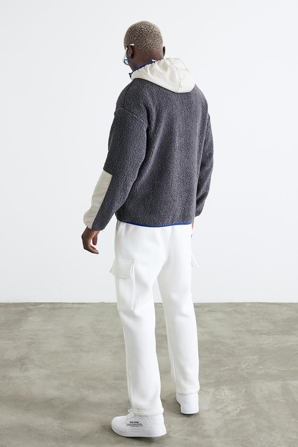 Kapüşonlu Kanguru Cepli Yarım Fermuar Peluş Sweatshirt - Füme