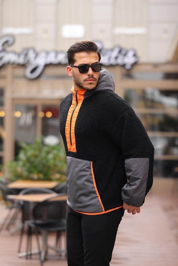 Kapüşonlu Kanguru Cepli Yarım Fermuar Peluş Sweatshirt - Siyah