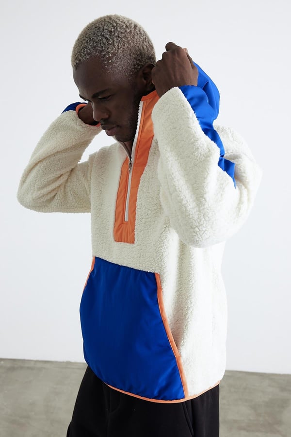 Kapüşonlu Kanguru Cepli Yarım Fermuar Peluş Sweatshirt - Mavi