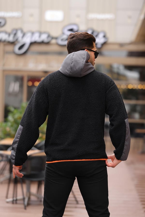 Kapüşonlu Kanguru Cepli Yarım Fermuar Peluş Sweatshirt - Siyah