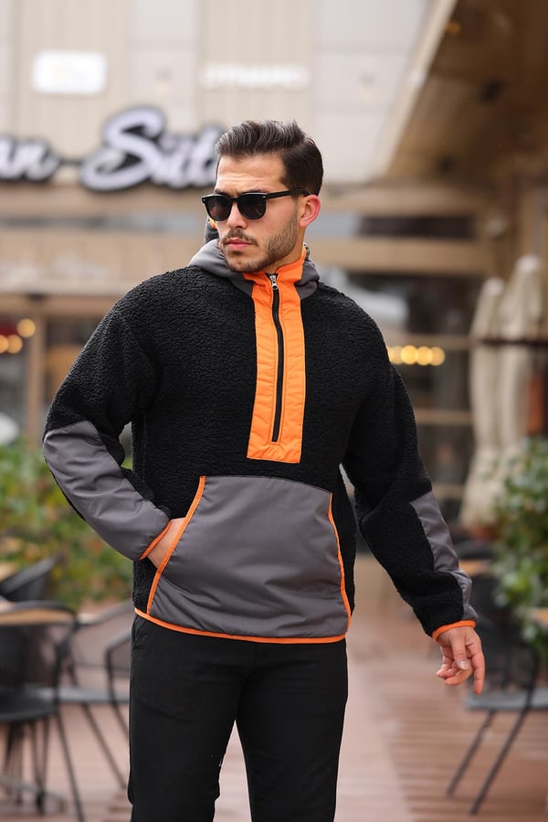 Kapüşonlu Kanguru Cepli Yarım Fermuar Peluş Sweatshirt - Siyah