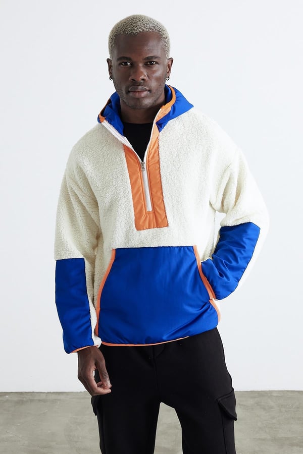 Kapüşonlu Kanguru Cepli Yarım Fermuar Peluş Sweatshirt - Mavi