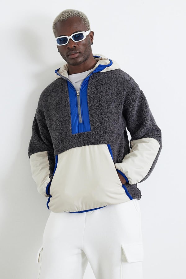 Kapüşonlu Kanguru Cepli Yarım Fermuar Peluş Sweatshirt - Füme