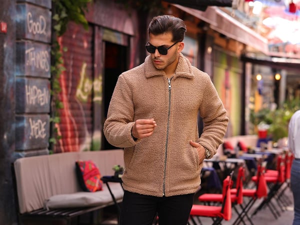 Kuzu Tüyü Peluş Kumaş Ceket - Bej