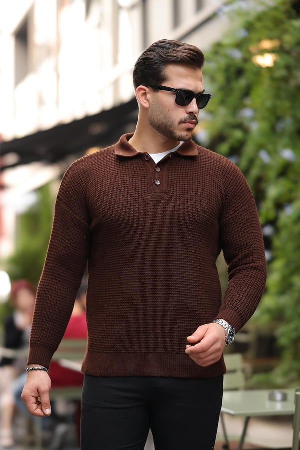 Modern Fit Polo Yaka Çizgili Triko Kazak - Kahve