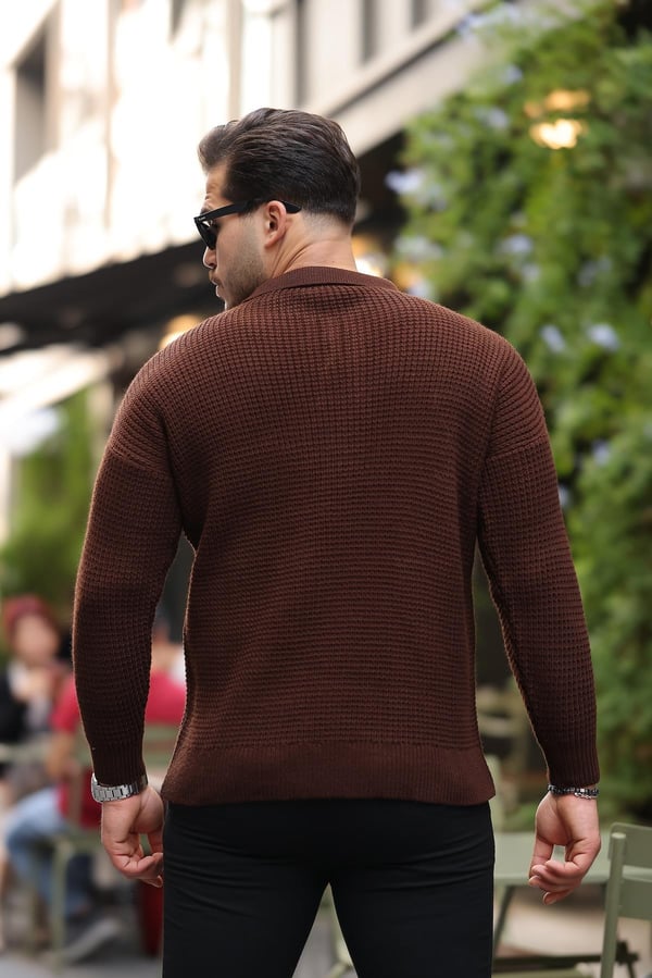 Modern Fit Polo Yaka Çizgili Triko Kazak - Kahve