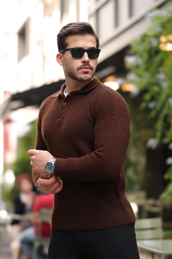 Modern Fit Polo Yaka Çizgili Triko Kazak - Kahve