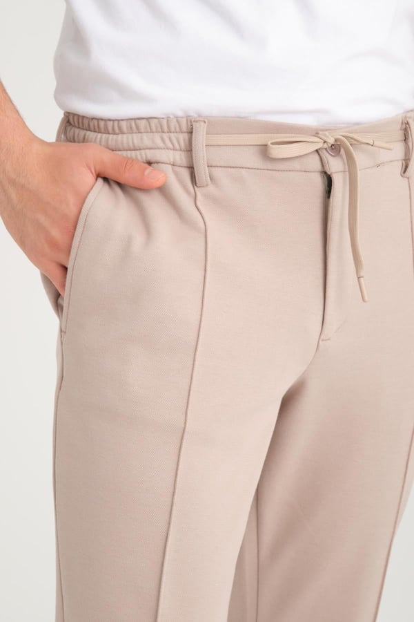 Nervürlü Regular Kalıp Duble Paça Örme Pantolon - Kum Beji